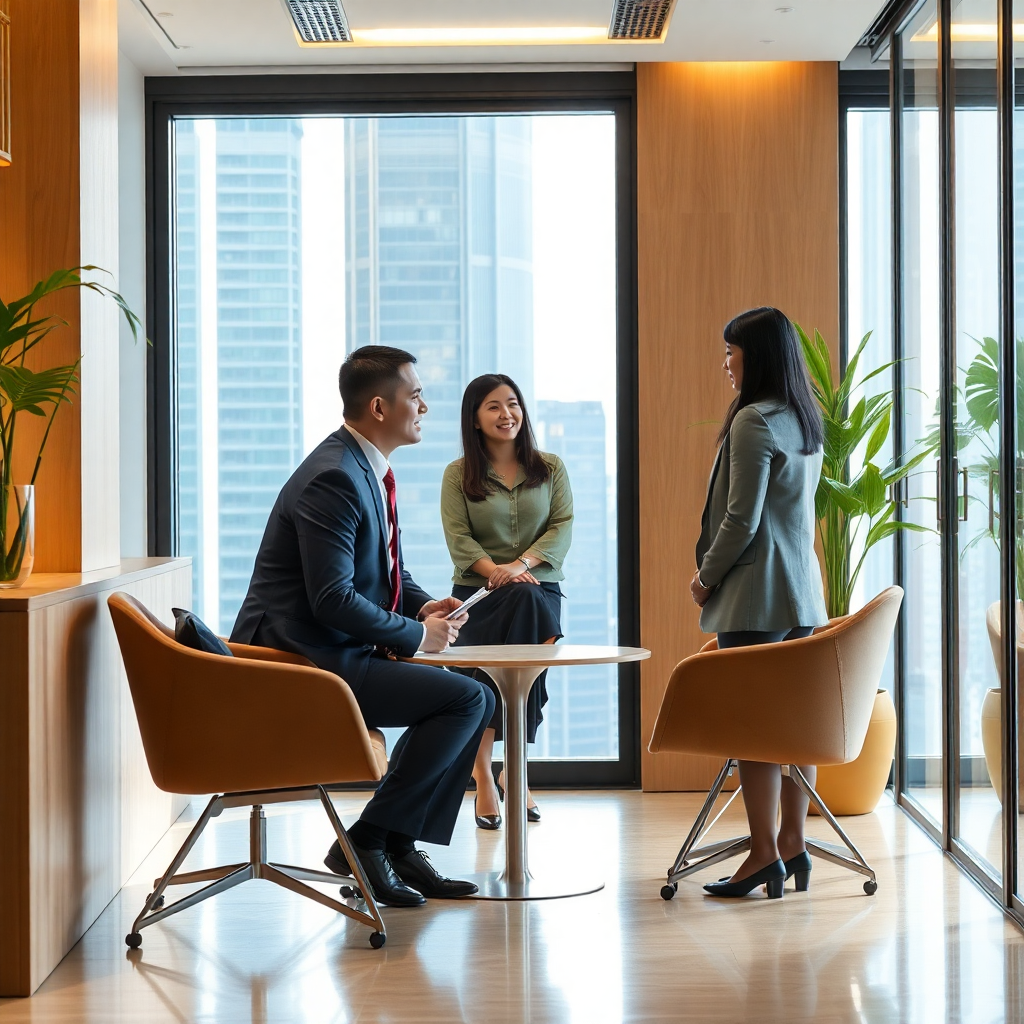 Hong Kong business consultant team at modern office, professional consultation meeting with client, 