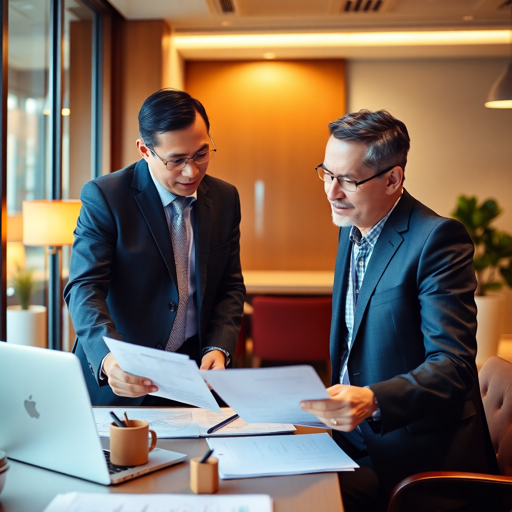 Hong Kong business consultant reviewing paperwork with entrepreneur client in modern office, warm pr