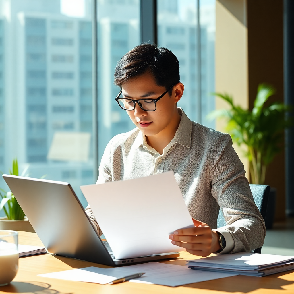 Hong Kong accountant reviewing financial reports and documents at modern office, professional, warm 