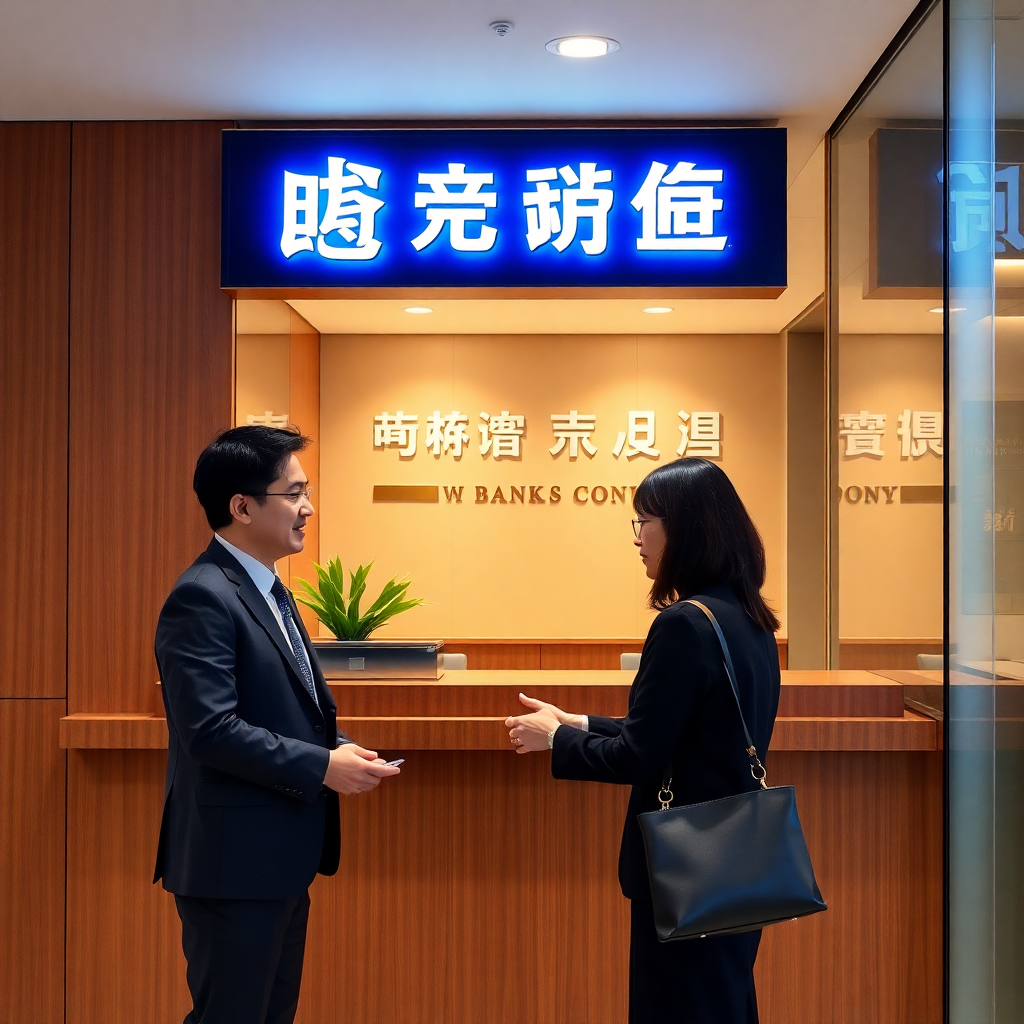 Hong Kong bank branch interior, business account opening meeting with banker, professional warm tone