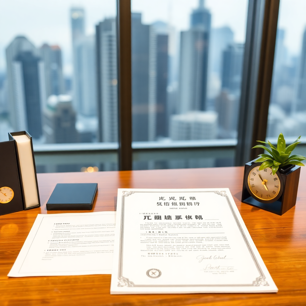 Hong Kong company registration documents and business certificate on a desk, professional, warm ligh