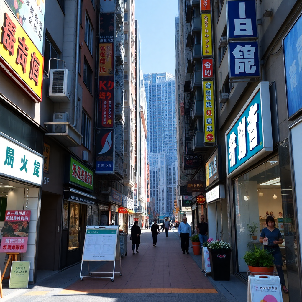 Hong Kong commercial street with retail shops, location scouting for business, bright daytime street