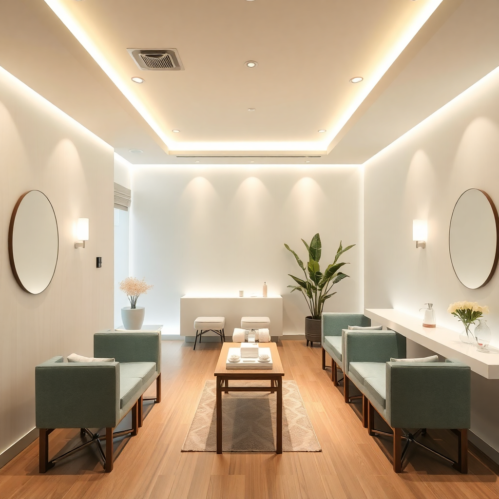 Hong Kong beauty salon or wellness centre interior, clean modern design, spa ambiance, warm soft lig