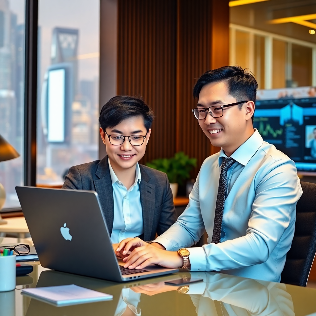 busy Hong Kong executive or entrepreneur working at desk with laptop, productive professional enviro