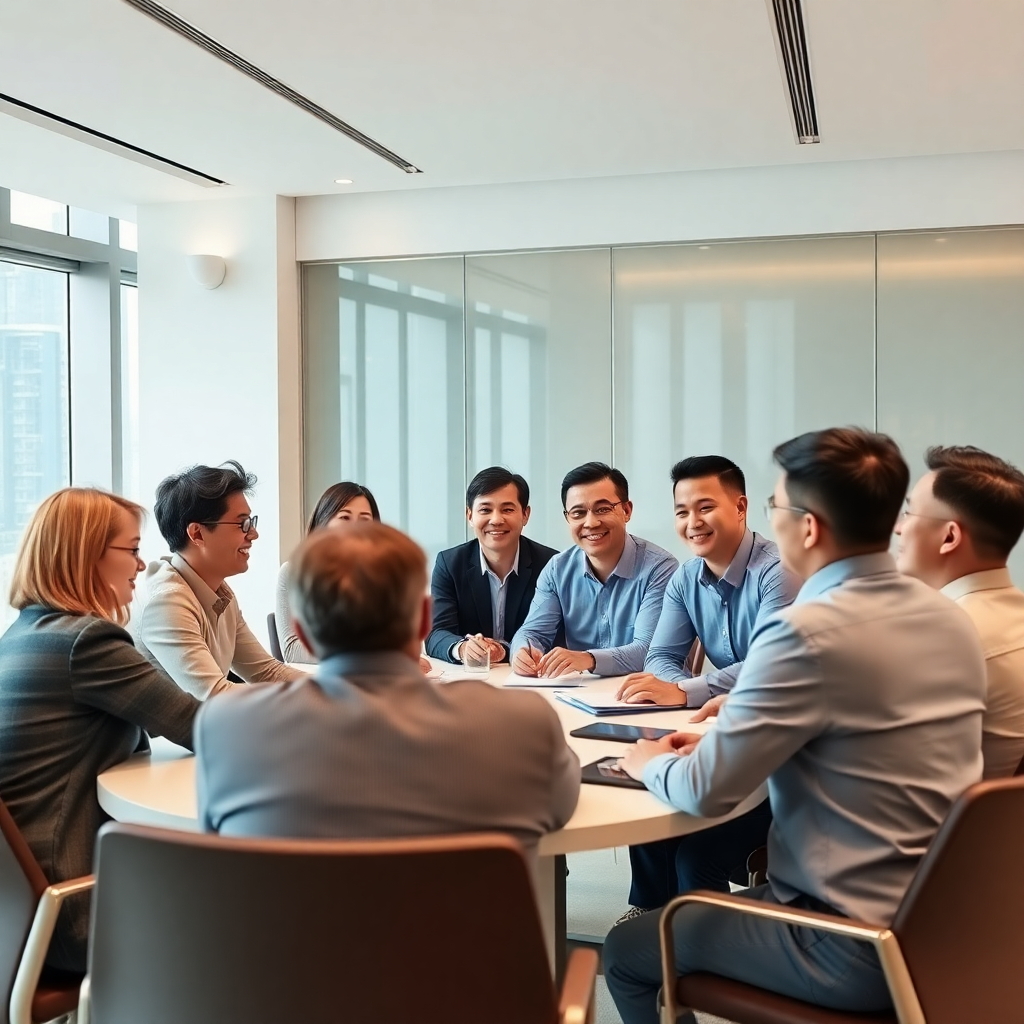 diverse group of Hong Kong entrepreneurs and business owners in a bright modern meeting room, collab