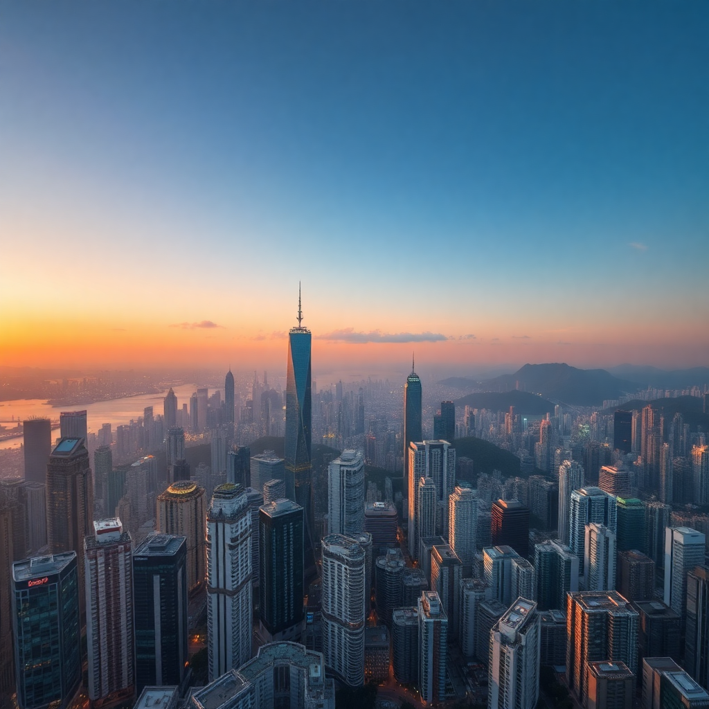 Hong Kong skyline aerial view from Victoria Peak, modern city business district, vibrant commercial 