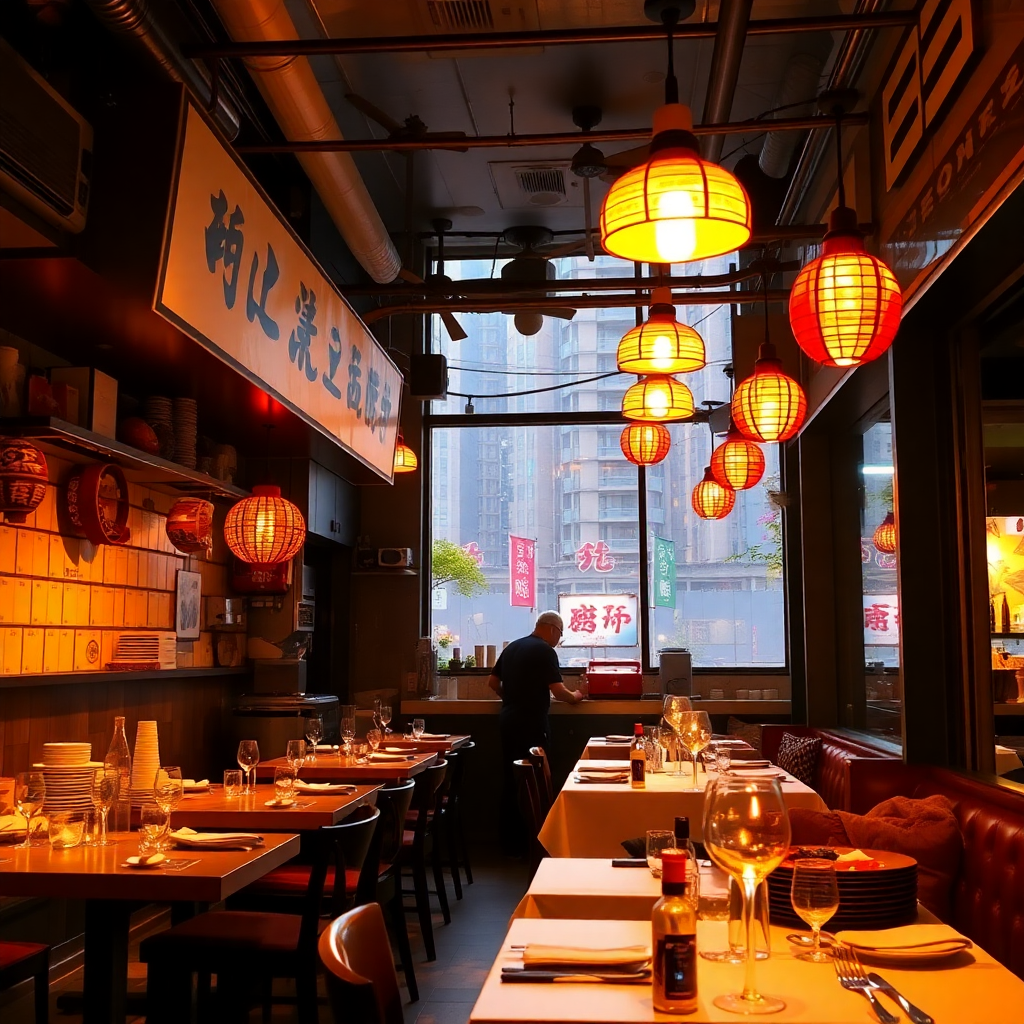 Hong Kong restaurant interior with warm lighting, chef preparing food, cozy dining atmosphere, golde