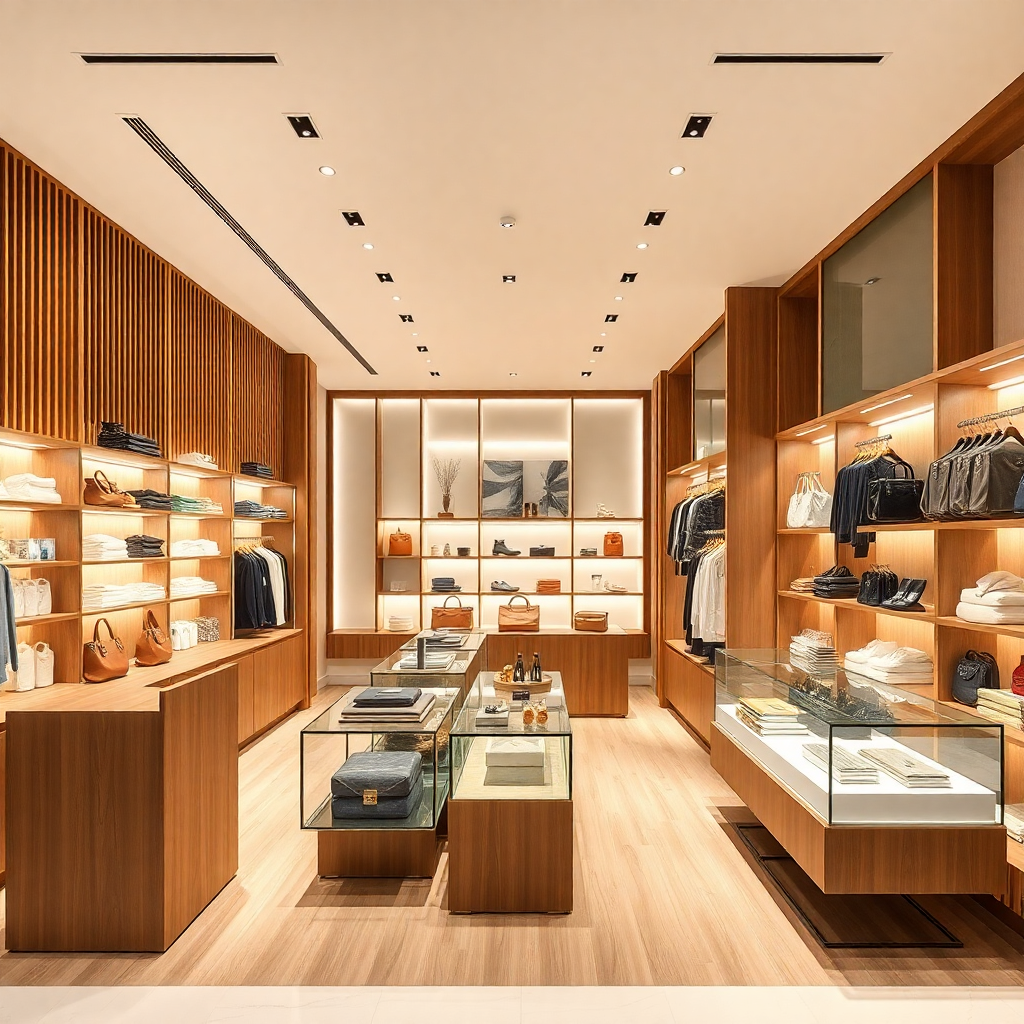 Hong Kong retail shop interior with stylish product displays, bright modern store design, warm tones